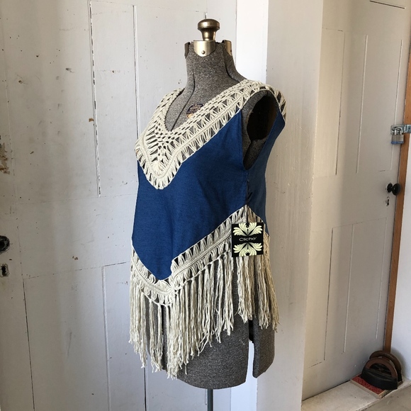 Cliche Crochet Fringe BoHo Denim Top - Picture 2 of 8